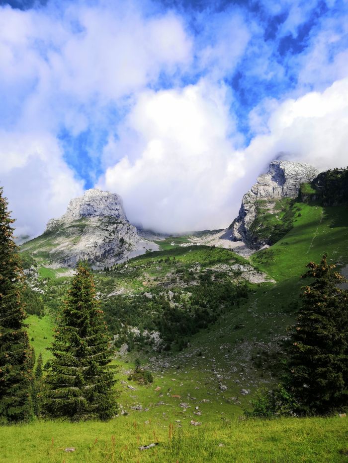 Beautiful alpine scenery featuring lush greenery and rugged peaks under a bright blue sky in La Clusaz, France.